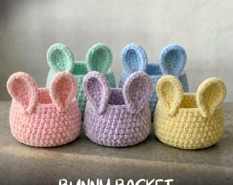 Patrón de cesta de conejo de Pascua a crochet, almacenamiento de conejo de hilo de terciopelo, soporte para huevos con decoración primaveral, cuenco amigurumi para principiantes, regalo de Pascua DIY (inglés)