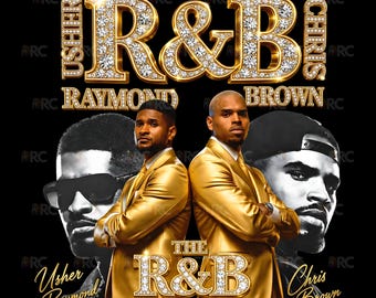 May include: A promotional graphic for "The R&B Tour" featuring Usher Raymond and Chris Brown. The design includes the text "Usher Raymond" and "Chris Brown" in gold, diamond-studded lettering. The artists are depicted in gold suits against a black background.