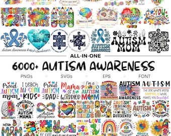 Paquete de más de 6000 imágenes PNG y SVG sobre concienciación del autismo, diseño de camiseta para mamás de niños con autismo, imágenes PNG de maestros con autismo, superhéroes con autismo, lazo coqueto con autismo, rompecabezas sobre autismo.
