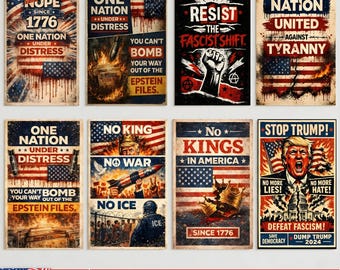 Paquete de 8 carteles de protesta contra Trump / Póster "No Kings In America" / Arte para manifestaciones contra el fascismo / Carteles "Defender la democracia" / Impresión JPG de los archivos de Epstein