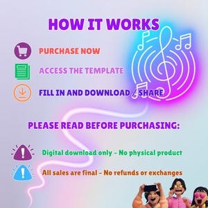Peut inclure: Infographie avec le texte "HOW IT WORKS" en violet. Les &eacute;tapes incluent "PURCHASE NOW", "ACCESS THE TEMPLATE" et "FILL IN AND DOWNLOAD / SHARE". Le texte suppl&eacute;mentaire indique "PLEASE READ BEFORE PURCHASING:" et "Digital download only - No physical product." et "All sales are final - No refunds or exchanges."