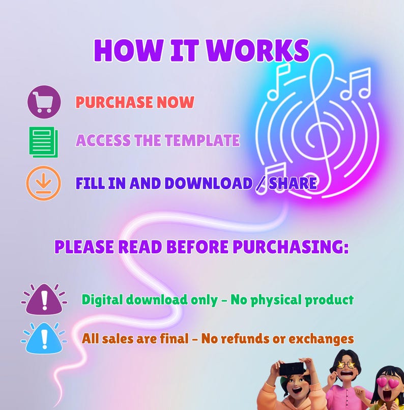 Peut inclure: Infographie avec le texte "HOW IT WORKS" en violet. Les &eacute;tapes incluent "PURCHASE NOW", "ACCESS THE TEMPLATE" et "FILL IN AND DOWNLOAD / SHARE". Le texte suppl&eacute;mentaire indique "PLEASE READ BEFORE PURCHASING:" et "Digital download only - No physical product." et "All sales are final - No refunds or exchanges."