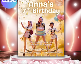 K-POPデーモンハンター誕生日招待状、編集可能なCanvaテンプレート、Huntrixゴールデン招待状、子供向け印刷可能な誕生日カード、デジタルダウンロード