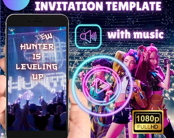 Kpop Demon Hunters Birthday Video Invitation, Canva Editable Animated Digital Invite for Kids, Huntrix Saja Girls Party Mobile Invitation