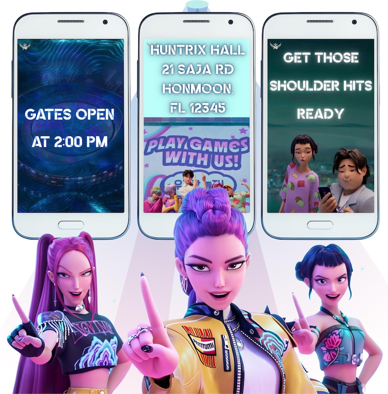 Peut inclure: Image anim&eacute;e avec trois smartphones affichant des informations d'&eacute;v&eacute;nement. Les &eacute;crans montrent du texte tel que "GATES OPEN AT 2:00 PM", "HUNTRIX HALL, 21 SAJA RD, HONMOON, FL 12345" et "GET THOSE SHOULDER HITS READY". Trois femmes anim&eacute;es sont au premier plan.