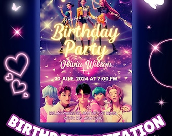 Faire-part d'anniversaire KPop Demon Hunters, carte d'anniversaire modifiable Canva Huntrix & Saja Boys, KPop Warriors inviter, Invitation de fête d'anime Kpop
