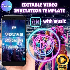 Op de afbeelding: Bewerkbare video-uitnodigingssjabloon met muziek. De afbeelding toont een smartphone met de tekst: "IF YOU'RE SEEING THIS..." en een concertscène. De afbeelding bevat de tekst "EDITABLE VIDEO INVITATION TEMPLATE" en een afspeelknop met drie geanimeerde zangers. De video is in 1080p Full HD.