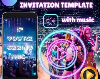 Kpop Demon Hunters Birthday Video Invitation, Canva Editable Animated Digital Invite for Kids, Huntrix Saja Girls Party Mobile Invite