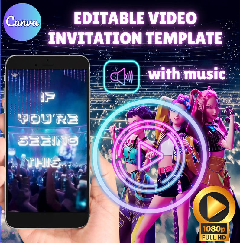 Peut inclure: Mod&egrave;le d'invitation vid&eacute;o modifiable avec musique. L'image pr&eacute;sente un smartphone affichant le texte : "IF YOU'RE SEEING THIS..." et une sc&egrave;ne de concert. L'image comprend le texte "EDITABLE VIDEO INVITATION TEMPLATE" et un bouton de lecture avec trois chanteuses anim&eacute;es. La vid&eacute;o est en 1080p Full HD.