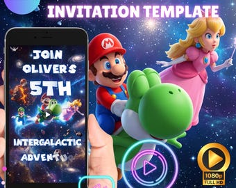 Invitation vidéo d'anniversaire de Mario Galaxy Mario, espace extra-atmosphérique, invitation numérique animée modifiable pour enfants, invitation mobile à une fête Mario Galaxy