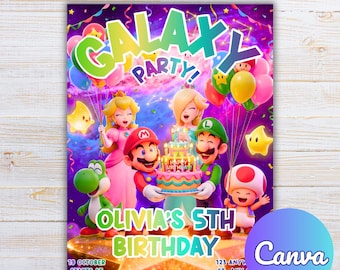 Modèle de toile modifiable d'invitation d'anniversaire de Mario Galaxy