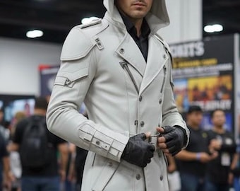 Gabardina de cuero blanca inspirada en Assassin's Creed para cosplay / Chaqueta de cuero gótica de vampiro para hombre.