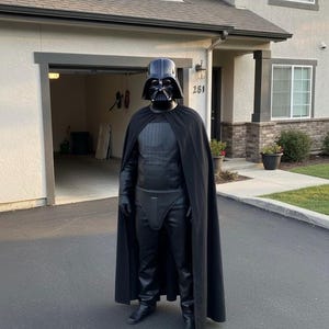 Puede incluir: Una persona con un disfraz negro de Darth Vader, con casco, armadura pectoral, guantes, pantalones y botas, de pie en una entrada pavimentada. Una larga capa negra cae sobre los hombros. El fondo incluye una casa con garaje.