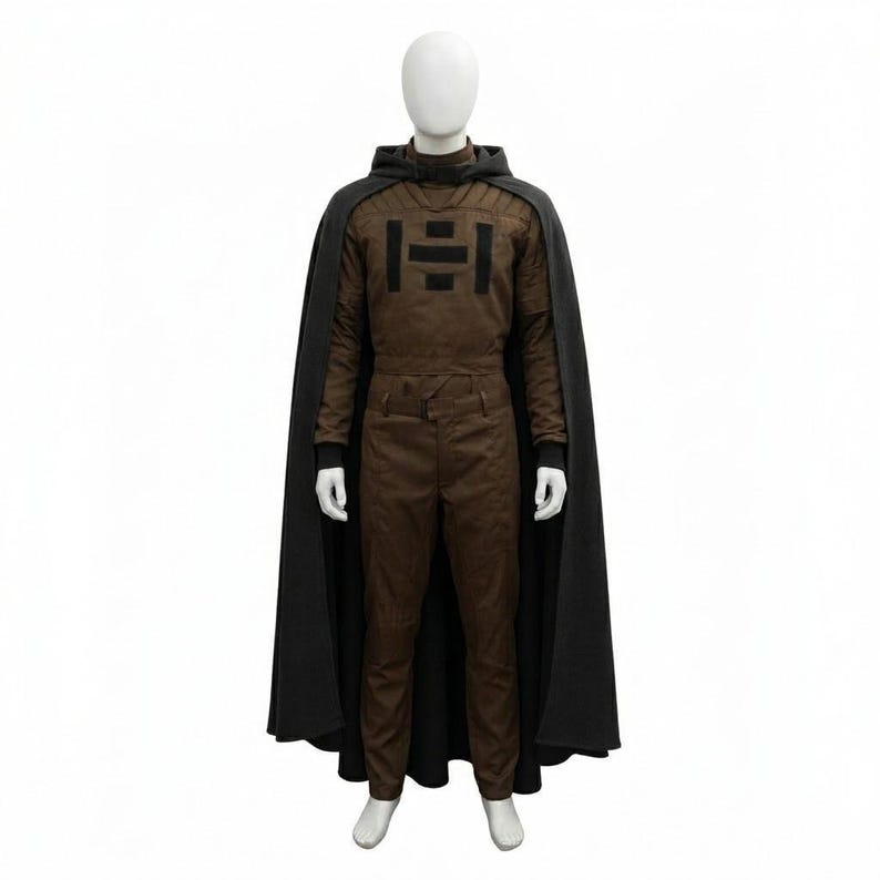 May include: A brown jumpsuit with a black graphic on the chest, a matching hood, and a long black cape. The outfit is displayed on a mannequin against a white background. The jumpsuit has long sleeves and a high collar.