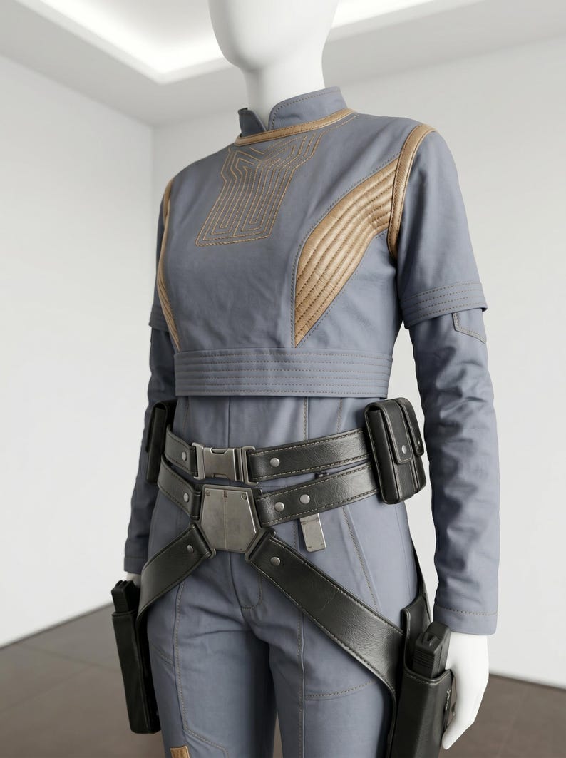 Puede incluir: Un atuendo de estilo futurista en gris con detalles dorados. La parte superior tiene costuras y ribetes dorados, y el atuendo incluye un cintur&oacute;n negro con bolsas y fundas. El maniqu&iacute; lleva un atuendo completo, incluyendo pantalones.