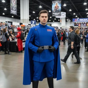 Puede incluir: Una persona con un disfraz azul con capa, guantes y botas negras, de pie en un centro de convenciones. El disfraz tiene un diseño de estilo militar con cinturón e insignias. El fondo muestra a otras personas y pancartas.