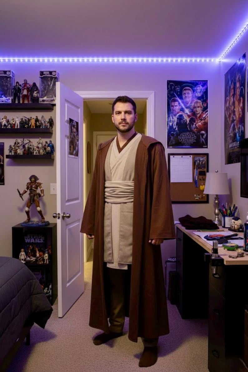May include: A person wearing a brown Jedi robe with a light tan tunic and pants. The room has Star Wars posters and figurines on shelves. The lighting is provided by a strip of purple LED lights.
