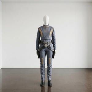 Puede incluir: Un uniforme futurista gris y dorado exhibido en un maniqu&iacute;. El atuendo incluye una parte superior de manga larga, pantalones, un cintur&oacute;n utilitario y botas negras. La parte superior y los pantalones tienen detalles dorados. Dos fundas negras est&aacute;n unidas al cintur&oacute;n.