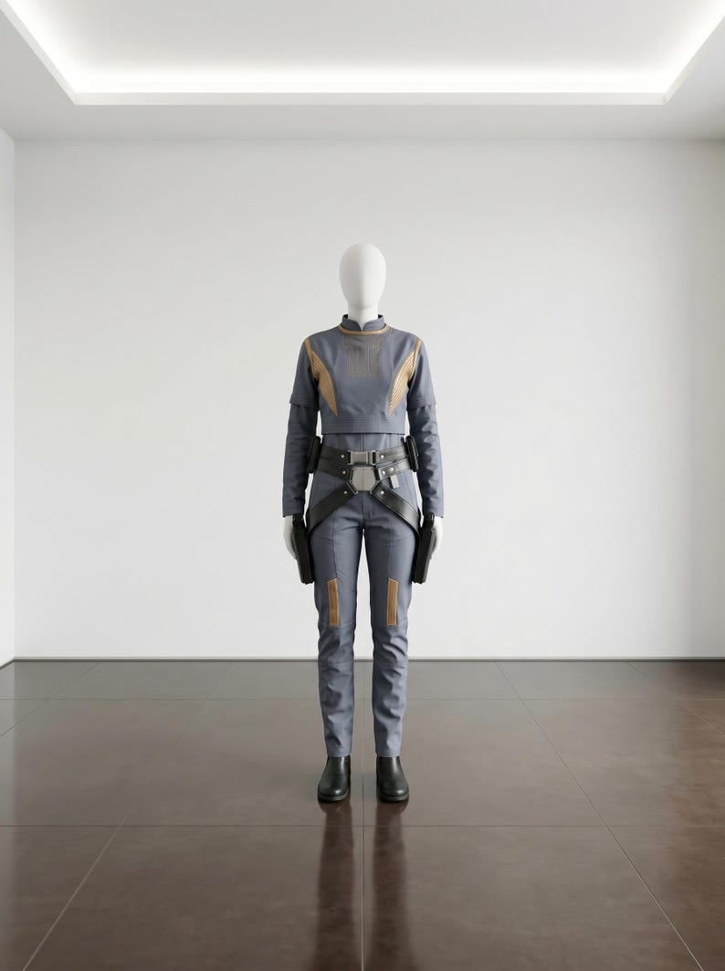 Puede incluir: Un uniforme futurista gris y dorado exhibido en un maniqu&iacute;. El atuendo incluye una parte superior de manga larga, pantalones, un cintur&oacute;n utilitario y botas negras. La parte superior y los pantalones tienen detalles dorados. Dos fundas negras est&aacute;n unidas al cintur&oacute;n.
