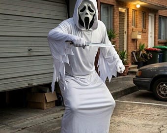 Ghostface Inspired White Hooded Robe Cosplay Costume – Horror Slasher Outfit Halloween Ghost Costume.