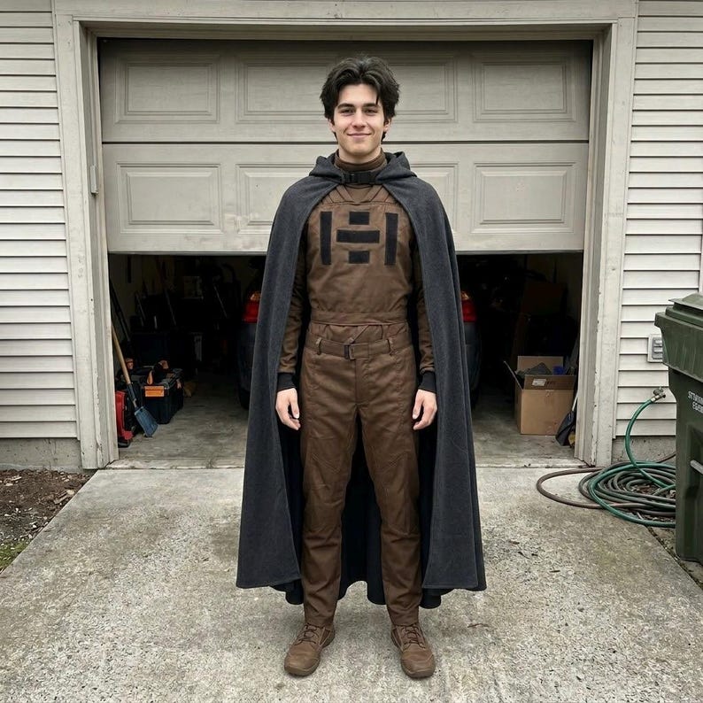 May include: A person wearing a brown jumpsuit with a black emblem on the chest, a black turtleneck, and brown boots. A dark gray cape is draped over the shoulders. The person is standing in front of a garage.