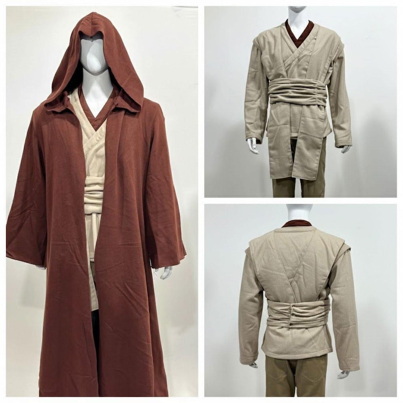 May include: A brown hooded robe and a tan tunic and pants costume displayed on a mannequin. The costume includes a wide belt and a long-sleeved tunic. The robe has a deep hood and long sleeves.