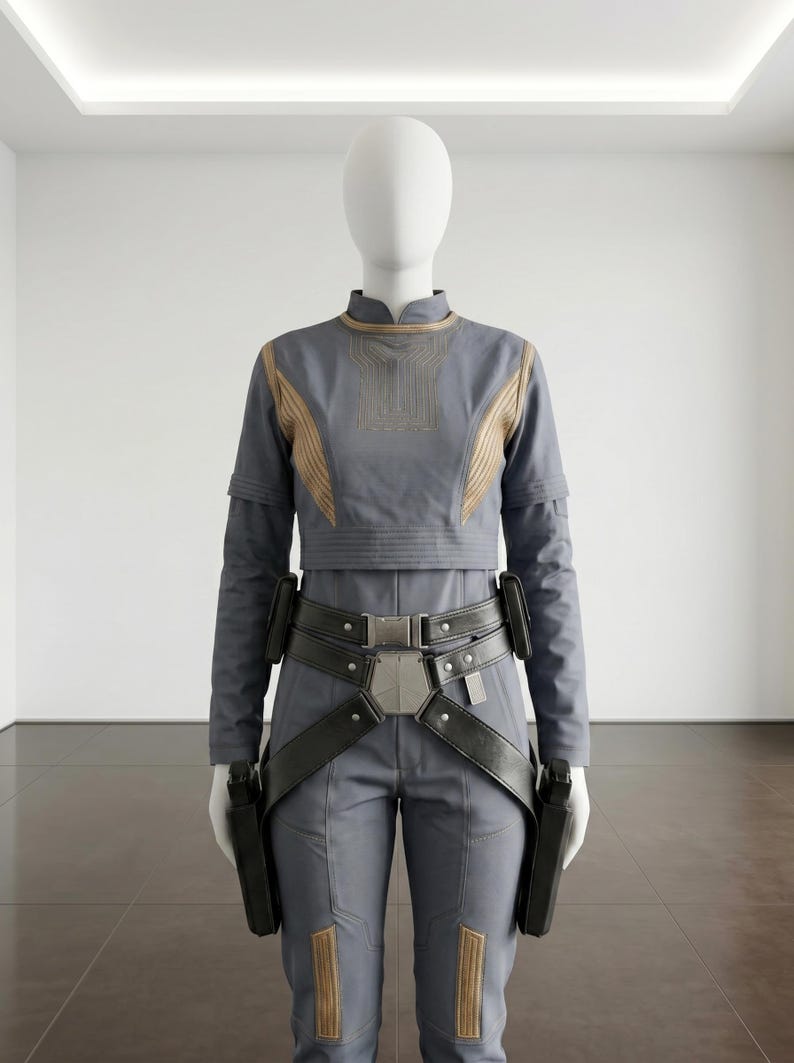 Puede incluir: Mono gris con detalles dorados y cintur&oacute;n negro con hebilla plateada. El conjunto incluye una parte superior de manga larga y pantalones, con fundas para dos pistolas negras. El maniqu&iacute; est&aacute; en una habitaci&oacute;n blanca.
