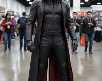 Cosplay personalizado de cuero inspirado en El Caballero Oscuro / Gabardina y traje negros con detalles rojos / Traje completo de superhéroe.