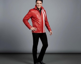 Chaqueta de cuero roja inspirada en Elvis Presley / Estilo motero hecha a mano.