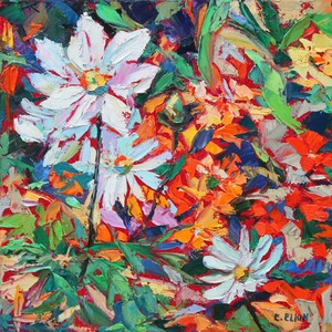 Painting-White Flowers-PALETT KNIFE Contemporary Wall Art Original Oil Painting On Canvas by Elizabeth Elkin -  Size 10x10 inches