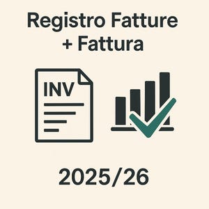 May include: An image with the text "Registro Fatture + Fattura" above a document icon labeled "INV" and a bar graph with a checkmark. The number "2025/26" is at the bottom.