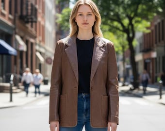 Veste blazer rétro vintage en cuir marron Maglia avec un bouton, taille 10