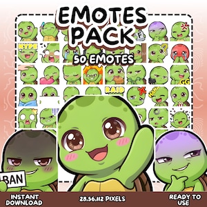 May include: A digital art pack featuring 50 turtle emotes with various expressions. The emotes are green with large eyes and are ready to use. The pack includes emotes with text such as "Hype", "Raid", and "GG". The image also includes the text "Emotes Pack".