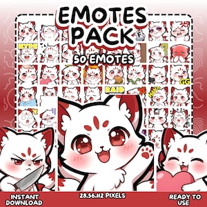 May include: A digital art pack featuring 50 emotes of a white and red fox character with various expressions. The words "EMOTES PACK" and "50 EMOTES" are displayed at the top. The bottom of the image reads "INSTANT DOWNLOAD", "28,56,112 PIXELS", and "READY TO USE".