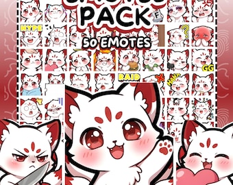 May include: A digital art pack featuring 50 emotes of a white and red fox character with various expressions. The words "EMOTES PACK" and "50 EMOTES" are displayed at the top. The bottom of the image reads "INSTANT DOWNLOAD", "28,56,112 PIXELS", and "READY TO USE".