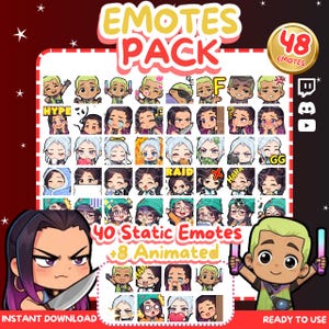 Könnte beinhalten: Ein digitales Produkt mit 48 Emotes für die Online-Nutzung. Die Emotes zeigen verschiedene Charaktere mit unterschiedlichen Ausdrücken und Aktionen. Das Paket enthält 40 statische und 8 animierte Emotes. Die Wörter "EMOTES PACK" und "48 EMOTES" sind zu sehen.