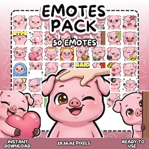 May include: A digital art pack featuring 50 pig emotes with various expressions. The emotes include text such as "HYPE", "RAID", and "GG". The image also includes the text "EMOTES PACK", "INSTANT DOWNLOAD", and "READY TO USE".