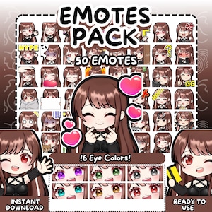 May include: A digital art graphic featuring a collection of 50 emotes with a brown-haired anime-style character. The image includes text that reads "EMOTES PACK," "50 EMOTES," "!6 Eye Colors!," "INSTANT DOWNLOAD," and "READY TO USE."