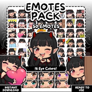 Może przedstawiać: Cyfrowy pakiet graficzny do pobrania zawierający 50 emotikonów z kreskówkowym projektem diabelskiej dziewczyny. Emotikony mają różne wyrazy twarzy i są dostępne w 6 kolorach oczu. Wyświetlane są słowa "EMOTES PACK", "50 EMOTES", "INSTANT DOWNLOAD" i "READY TO USE".
