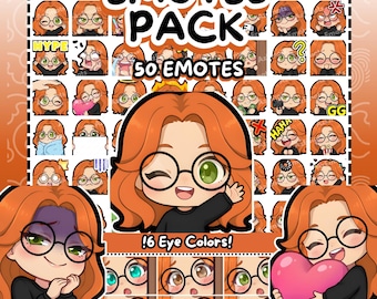 Twitch Emotes | 50 Chibi Girl Glasses Twitch Emotes Pack | Red Hair Girl | Discord Emotes | Glasses Emotes | Girl Emotes | Chibi Emotes