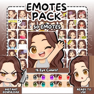 Puede incluir: Un paquete de arte digital con 50 emoticonos de una mujer de dibujos animados con cabello castaño, que muestra diversas expresiones. Incluye 6 opciones de color de ojos. El texto incluye "EMOTES PACK", "50 EMOTES", "!6 Eye Colors!", "INSTANT DOWNLOAD" y "READY TO USE".