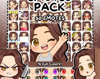 Twitch Emotes | 50 Brunette Chibi Girl Emotes Pack | Twitch Discord Kick YouTube Streamer emotes, Girl Emotes, Emote Pack, Brown Hair Emotes
