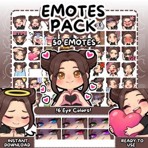 May include: A digital art pack featuring 50 emotes with various expressions. The emotes showcase a cartoon character with brown hair and multiple eye color options. Text includes "EMOTES PACK", "50 EMOTES", "!6 Eye Colors!", "INSTANT DOWNLOAD", and "READY TO USE".