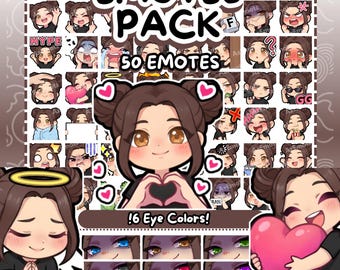 Twitch Emotes | 50 Space Buns Chibi Girl Emotes Pack | Brunette Brown Hair | 6 Eye Colors | Discord Emotes | Streamer Emotes | Chibi Emotes