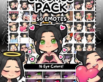 Twitch Emotes | 50 Space Buns Chibi Girl Twitch Emotes Pack | Black Hair Girl | 6 Eye Colors | Emote Pack | Discord Emotes | Chibi Emotes