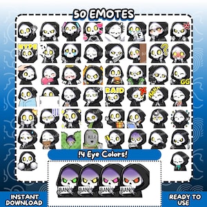 Puede incluir: Un gr&aacute;fico de descarga digital con 50 emoticonos de una caricatura de la Parca con una capa con capucha negra. Los emoticonos muestran varias expresiones y acciones. Incluye el texto "50 EMOTES", "!4 Eye Colors!", "INSTANT DOWNLOAD" y "READY TO USE".