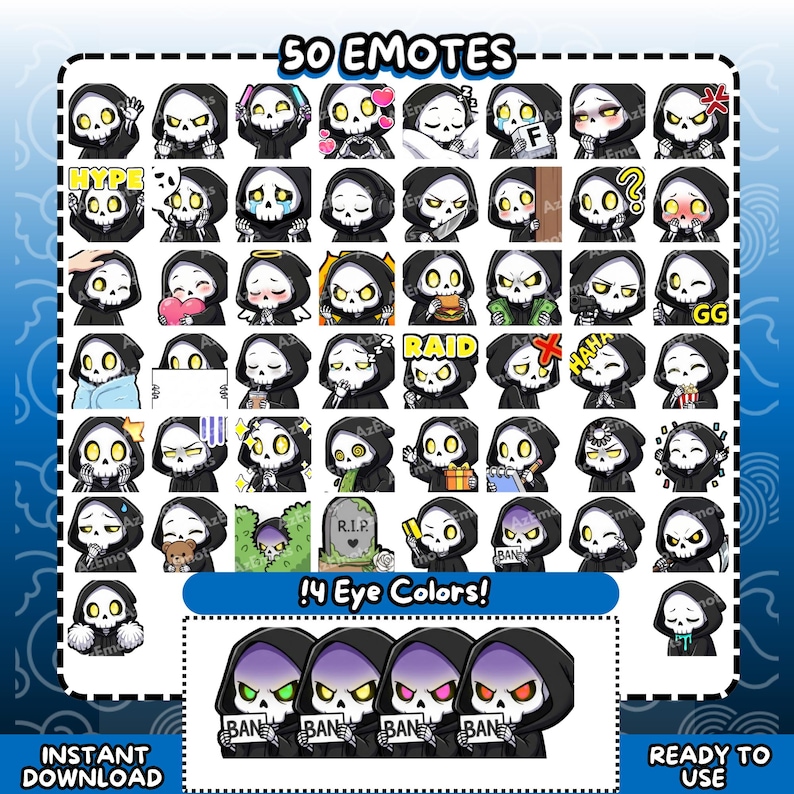 Puede incluir: Un gr&aacute;fico de descarga digital con 50 emoticonos de una caricatura de la Parca con una capa con capucha negra. Los emoticonos muestran varias expresiones y acciones. Incluye el texto "50 EMOTES", "!4 Eye Colors!", "INSTANT DOWNLOAD" y "READY TO USE".