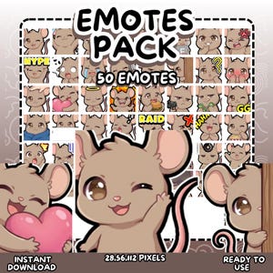Könnte beinhalten: Ein digitales Kunstpaket mit 50 Maus-Emotes mit verschiedenen Ausdrücken. Die Emotes enthalten Texte wie "HYPE", "RAID" und "GG". Die Wörter "EMOTES PACK", "INSTANT DOWNLOAD" und "READY TO USE" sind ebenfalls sichtbar.