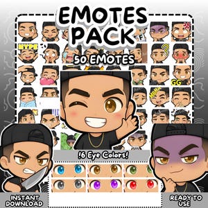 Puede incluir: Un paquete gráfico de descarga digital con 50 emoticonos. Los emoticonos muestran un personaje de dibujos animados con diversas expresiones y seis opciones de color de ojos. El texto incluye "EMOTES PACK", "50 EMOTES" y "!6 Eye Colors!".