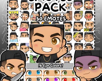 Twitch Emotes | 50 Black Hair Boy Twitch Emotes Pack | Twitch Discord Kick YouTube Streamer emotes | Chibi Boy Emotes | Boy with cap emotes